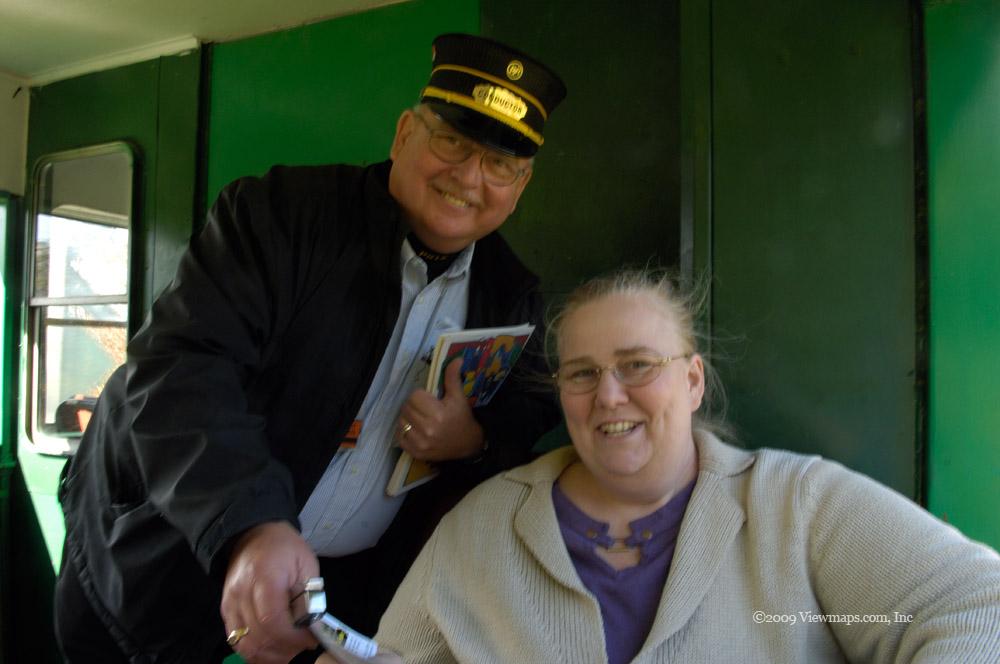 Carolyn and the train conductor