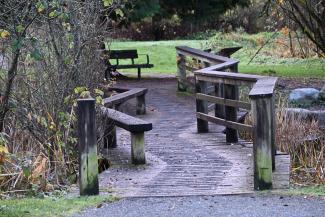 A small foot bridge across the small pond