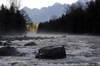 A great shot of the Chilliwack river looking west. The shot highlights the mist rising from the river.
