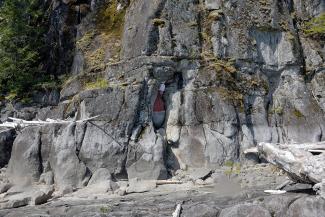 The Stone Doctor embedded in the cliff face, not much above the high water mark